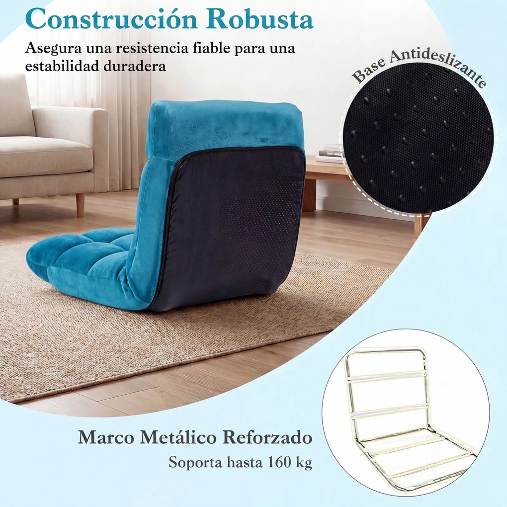Cadeira de Chão Dobrável, 104 x 53 x 15 cm, Encosto Ajustável em 14 Posições, Azul