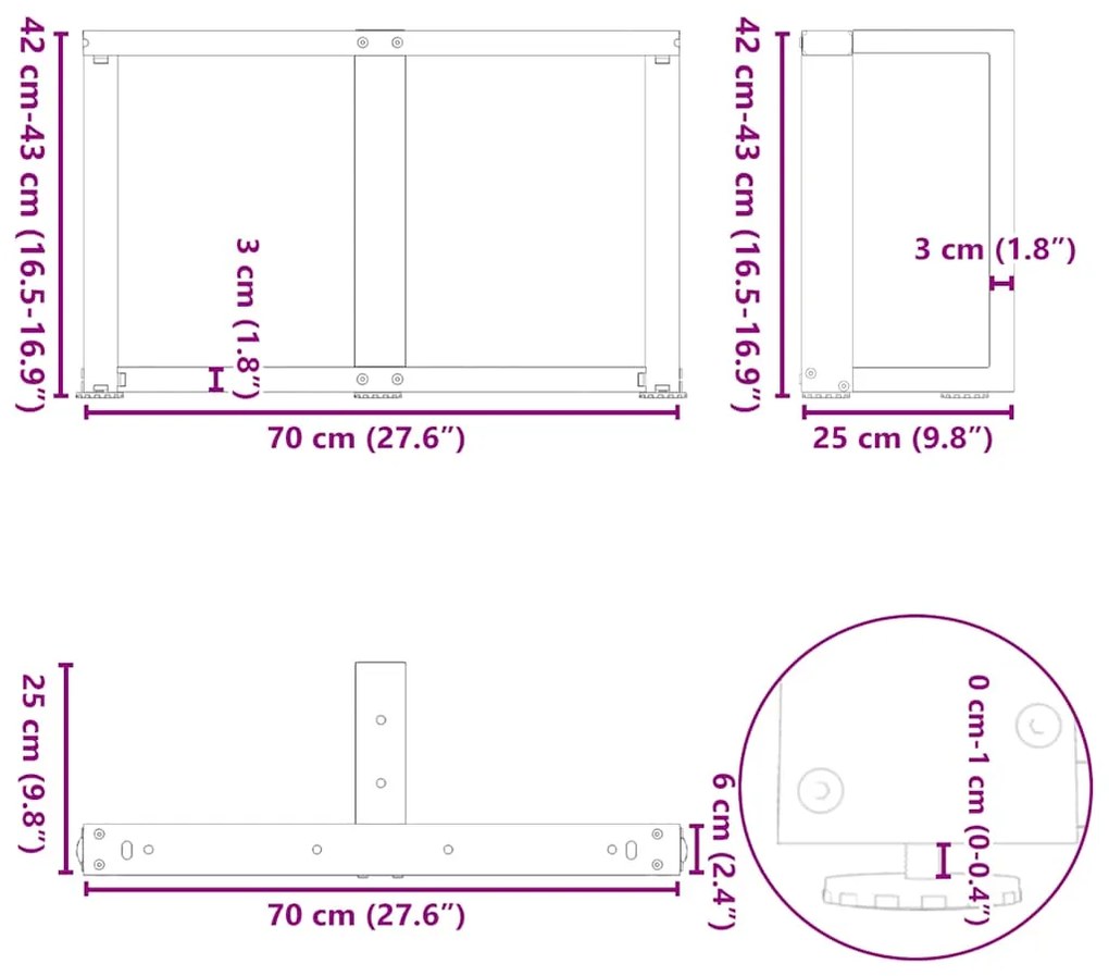 Pés para mesa de centro em forma de T, 2 peças, branco, 70x25x(42-43)