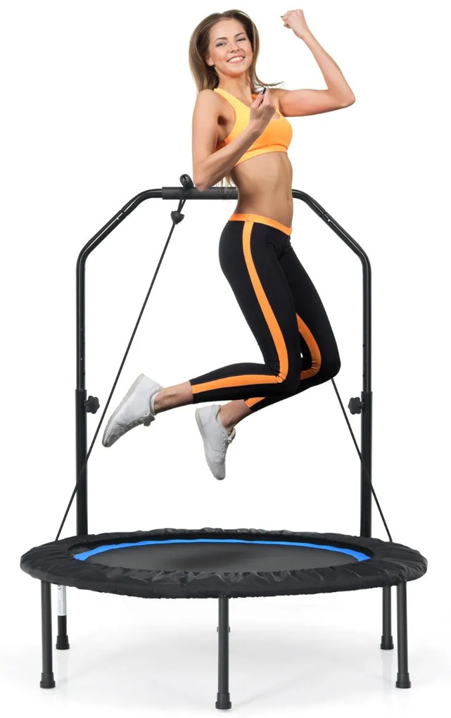 Trampolim dobrável 101 cm Mini trampolim de fitness com pega ajustável em altura e 2 bandas para crianças e adultos Azul