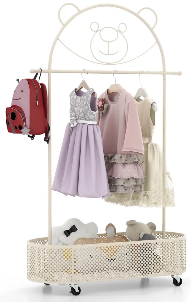 Guarda roupa para crianças com 3 alturas ajustáveis com rodas Armarios de livros de histórias com cesto Branco