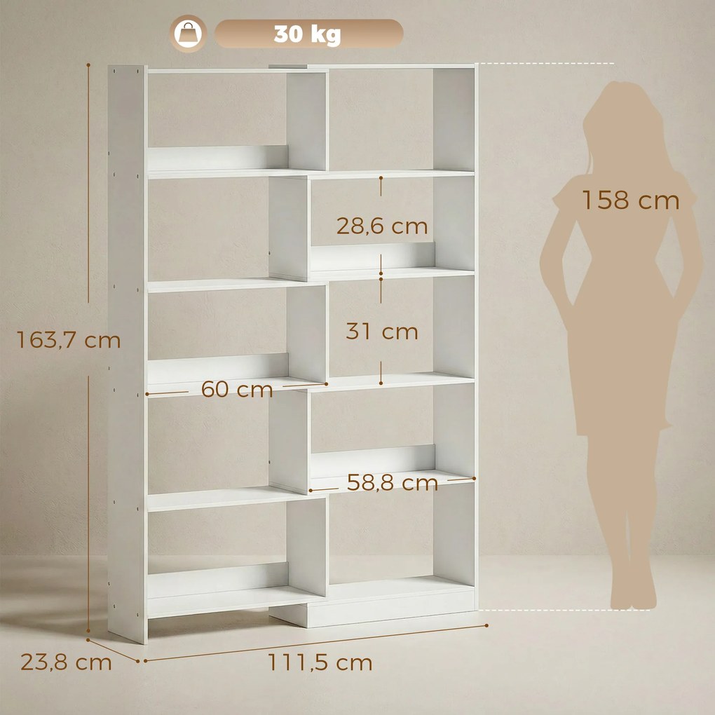 Estante Expansível 5 Níveis Estante para Livros Giratória 350° Largura Ajustável Convertível em L Reta ou Compacta 111,5x23,8x163,7 cm Branco