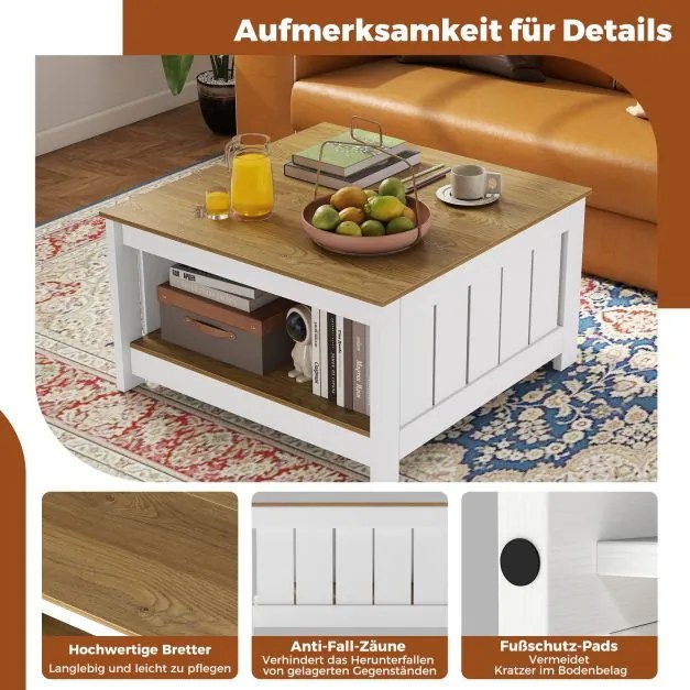 Mesa de centro de madeira 80 x 80 x 45 cm com 2 níveis, mesa quadrada para sala de estar em estilo rústico com espaço de arrumação. Natural e branco