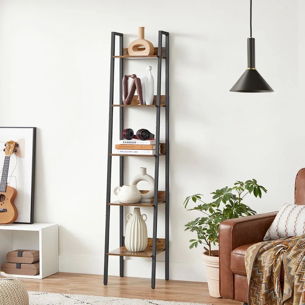 Estante em escada de design industrial com 5 prateleiras 33,8 x 30 x 170 cm Castanho Vintage-preto