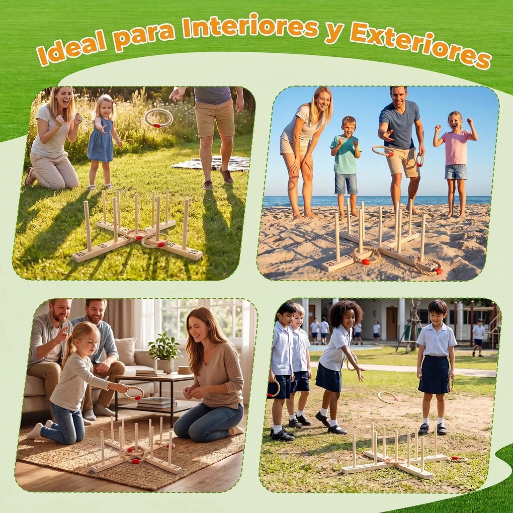 Jogo de Lançamento de Aros Infantil, 50 x 50 x 17 cm, 5 Aros e 9 Varas, Natural