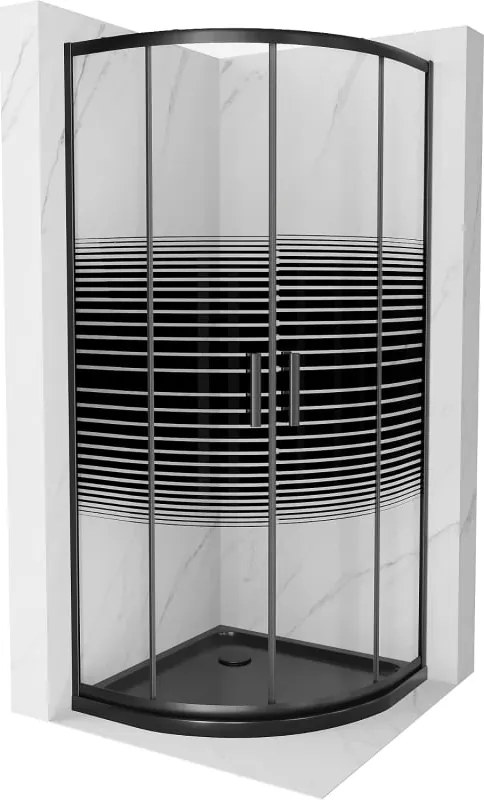 Mexen Rio cabine de duche semicircular 80 x 80 cm, faixas pretas, preto + base de duche Flat, preto - 863-080-080-70-20-4170B