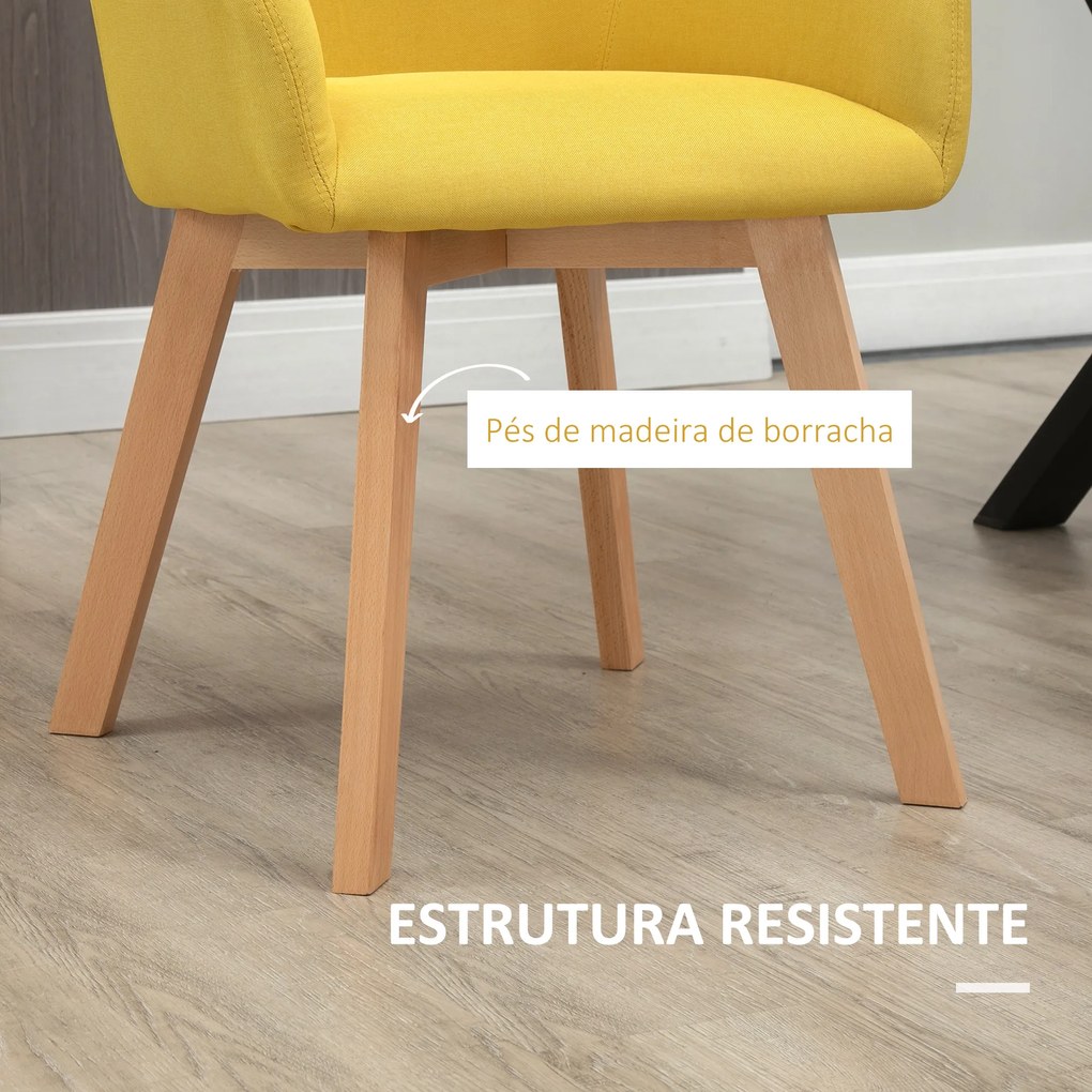 HOMCOM Conjunto de 2 Cadeiras de Sala de Jantar Cadeiras de Sala de Jantar Estofada em Linho com Encosto Alto e Pés de Madeira de Borracha para Sala de Estar Escritório Carga Máxima 120kg 60x67,5x101cm Amarelo