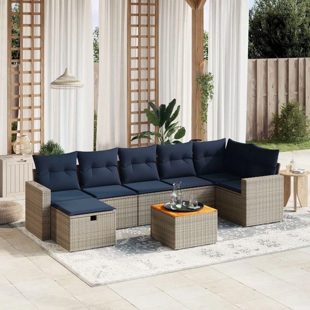 vidaXL 8 pcs conjunto sofás p/ jardim c/ almofadões vime PE cinzento