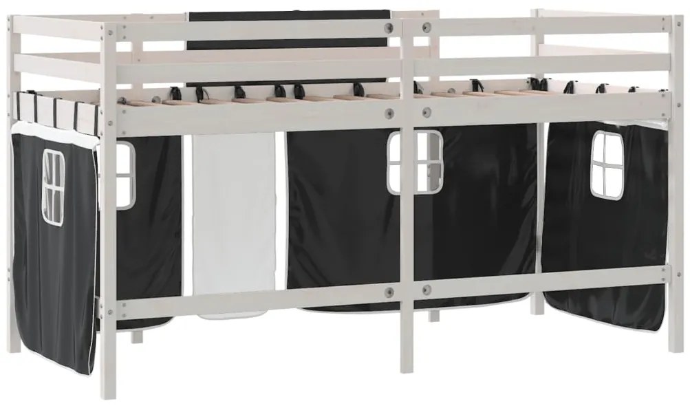 Cama alta criança c/ cortina 90x190cm pinho maciço branco/preto