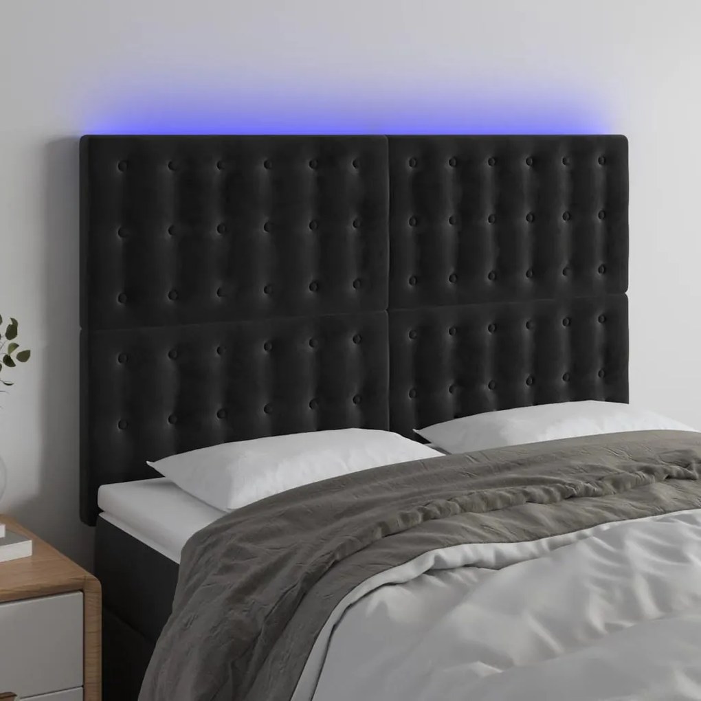 Cabeceira cama c/ LED veludo 144x5x118/128 cm preto