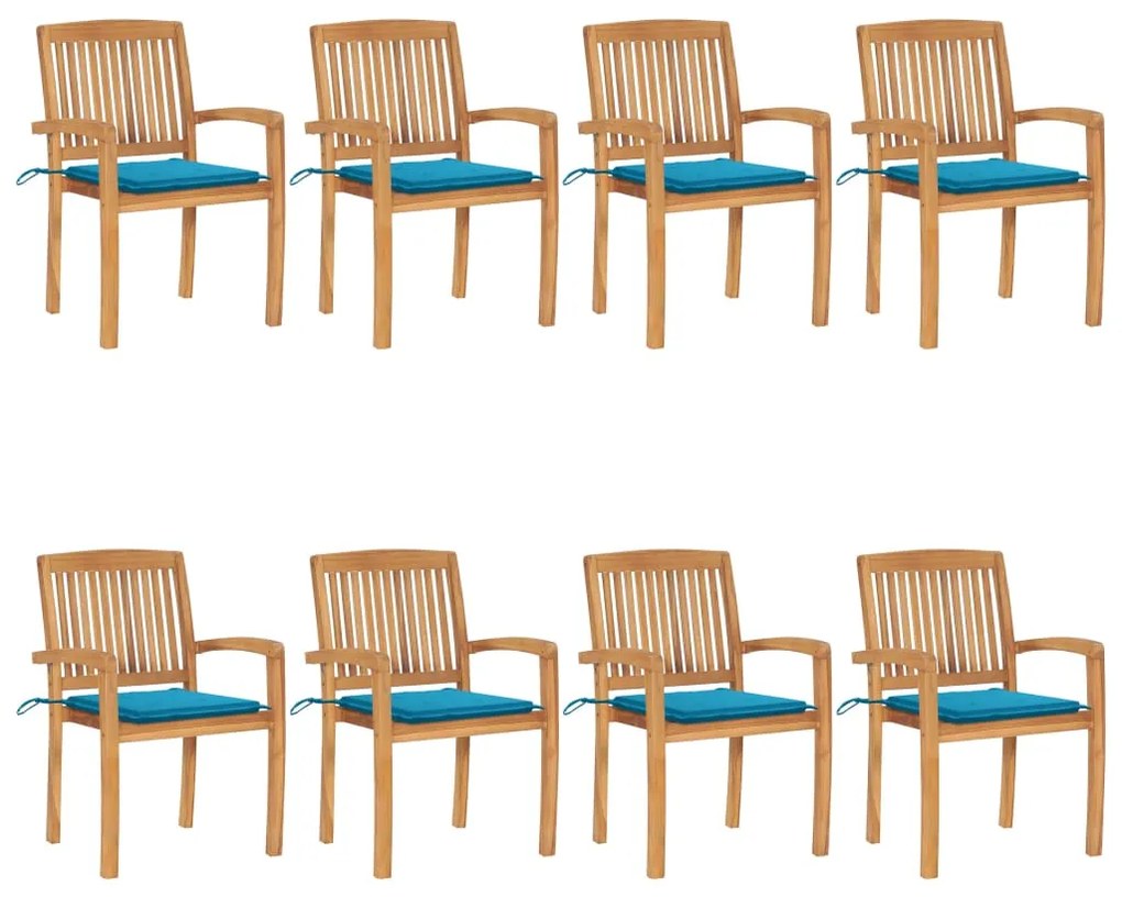 vidaXL Cadeiras de jardim empiháveis c/ almofadões 8 pcs teca maciça