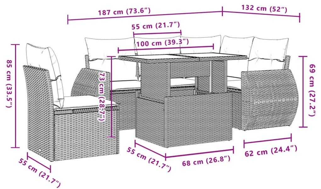 6 pcs conjunto de sofás p/ jardim com almofadões vime PE bege