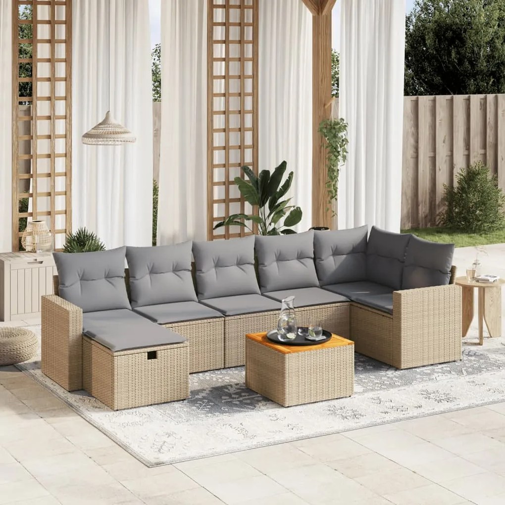 8 pcs conj. sofás jardim c/ almofadões vime PE bege misturado
