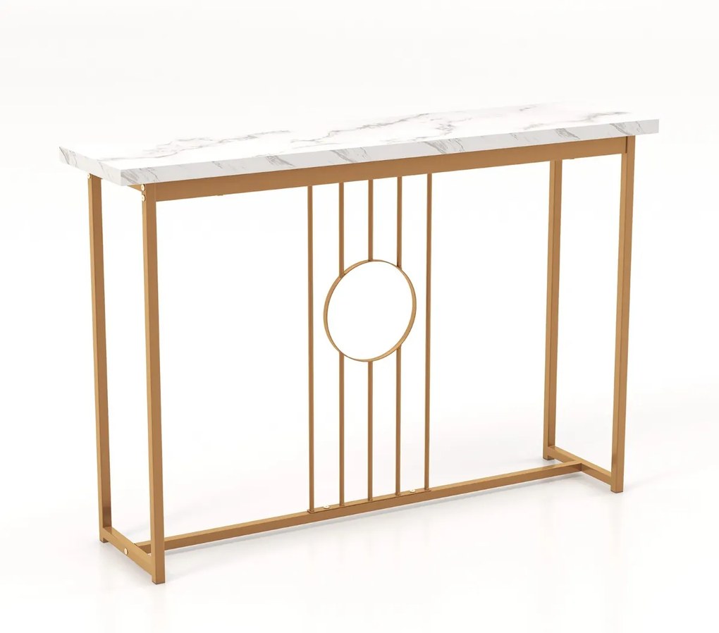 Mesa Consola de Entrada Moderna Mesa Auxiliar Grande com tampo imitação mármore 120 x 30 x 80,5 cm Dourada e branca