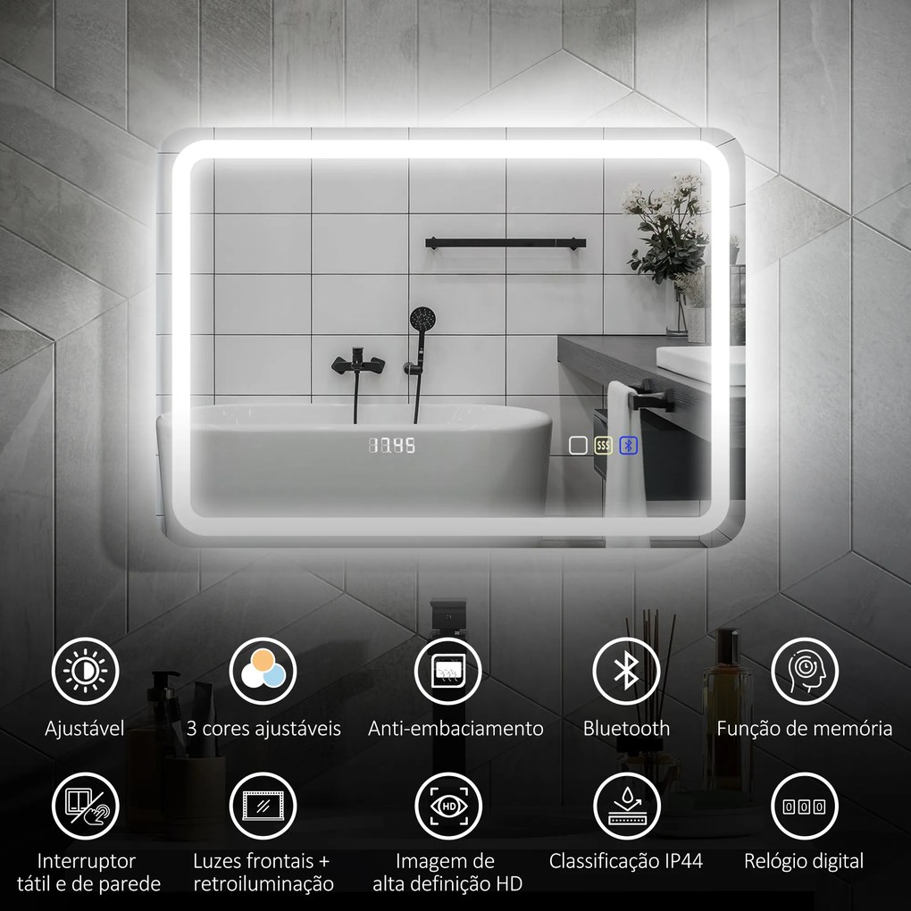 Espelho de Casa de Banho com Luz LED 70x50 cm Bluetooth 3 Cores de Luz Relógio Digital Função Antiembaciamento Memória Prata