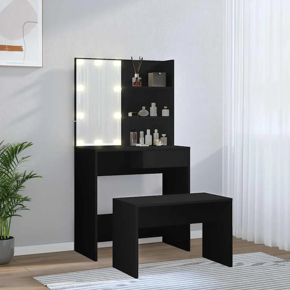 Conjunto de toucador com luzes LED derivados de madeira preto