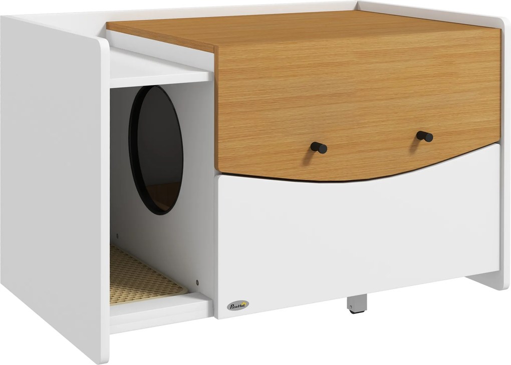 PawHut Caixa de areia para gatos, deslizante, design de armário, compartimento para areia, 78x50x51cm, Carvalho/Branco | Aosom Portugal