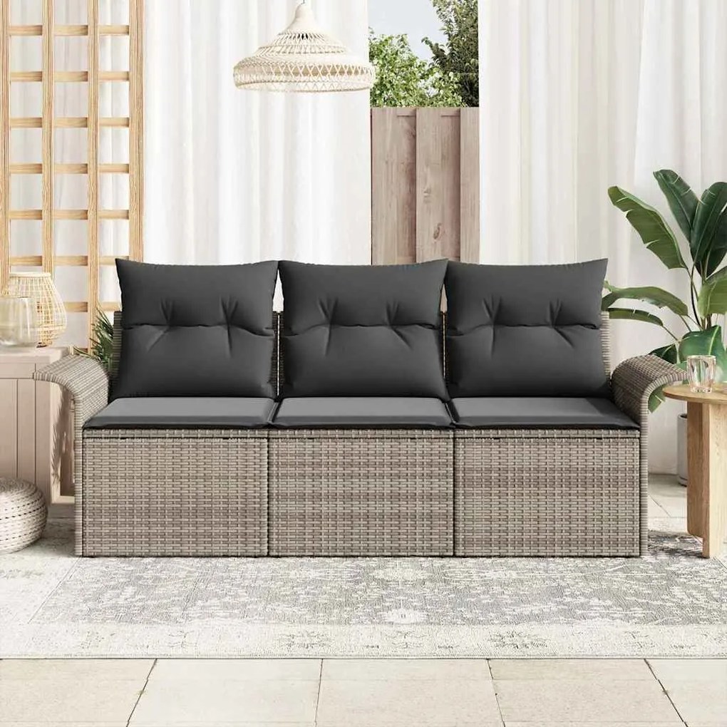 Conjunto de Sofá de Jardim de 3 Peças com Almofadas Cinza Rattan Polim