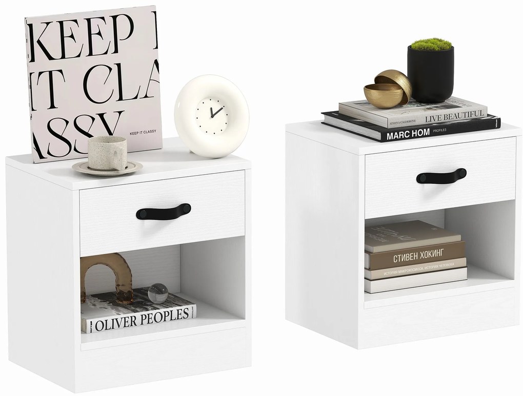 Conjunto de 2 Mesas de Cabeceira para Dormitório Estreitas com Gaveta e Compartimento Aberto 39x28x41 cm Branco