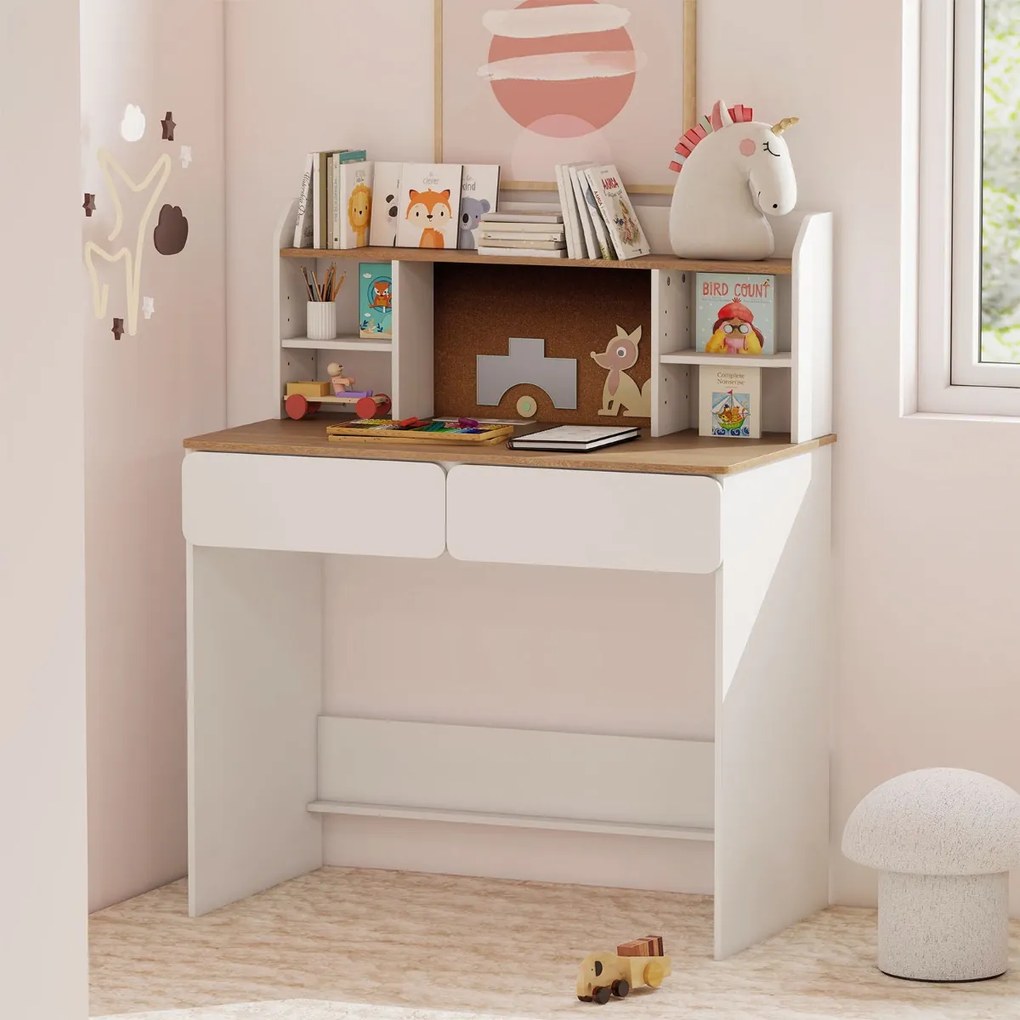 Secretária infantil 90 x 48 x 109 cm com estação de carregamento, tampo amplo, prateleiras ajustáveis e 2 gavetas para crianças para estudo,, branca