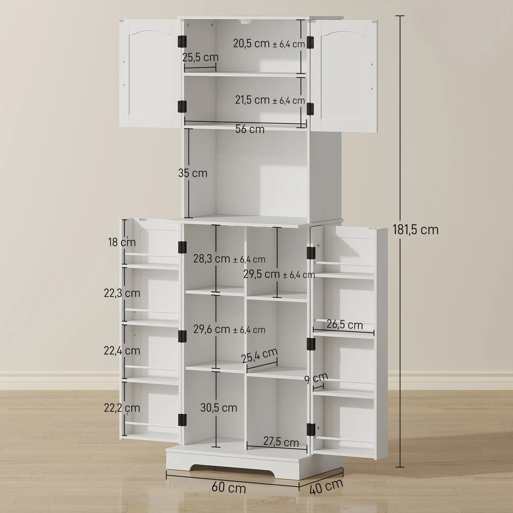 Armário alto de cozinha, 4 portas, bancada, 8 porta-especiarias, prateleiras ajustáveis, 60 x 40 x 181,5 cm, branco