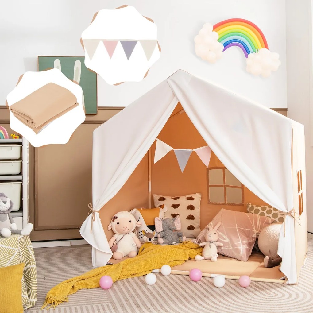 Tenda Infantil com Tapete Lavável e Janelas Estrutura em Madeira Maciça 131 x 91 x 131 cm Castanho Claro
