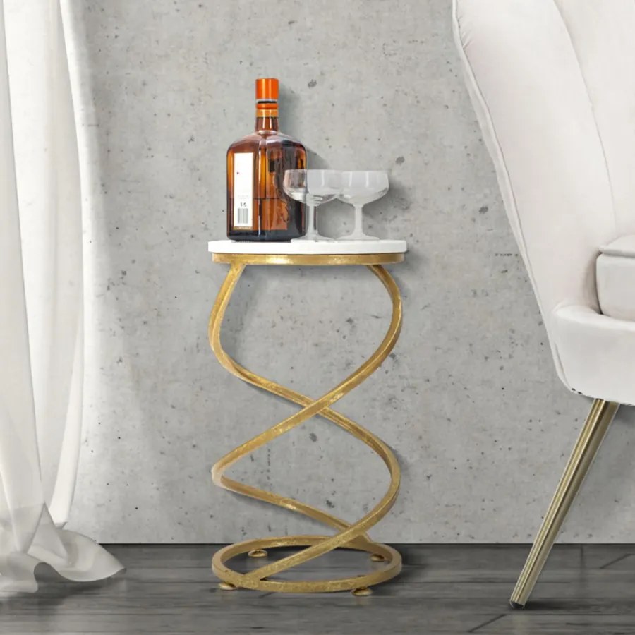 MESA DE APOIO EM MÁRMORE ESPIRAL Ø 27,5X47,5 CM DOURADO E BRANCO
