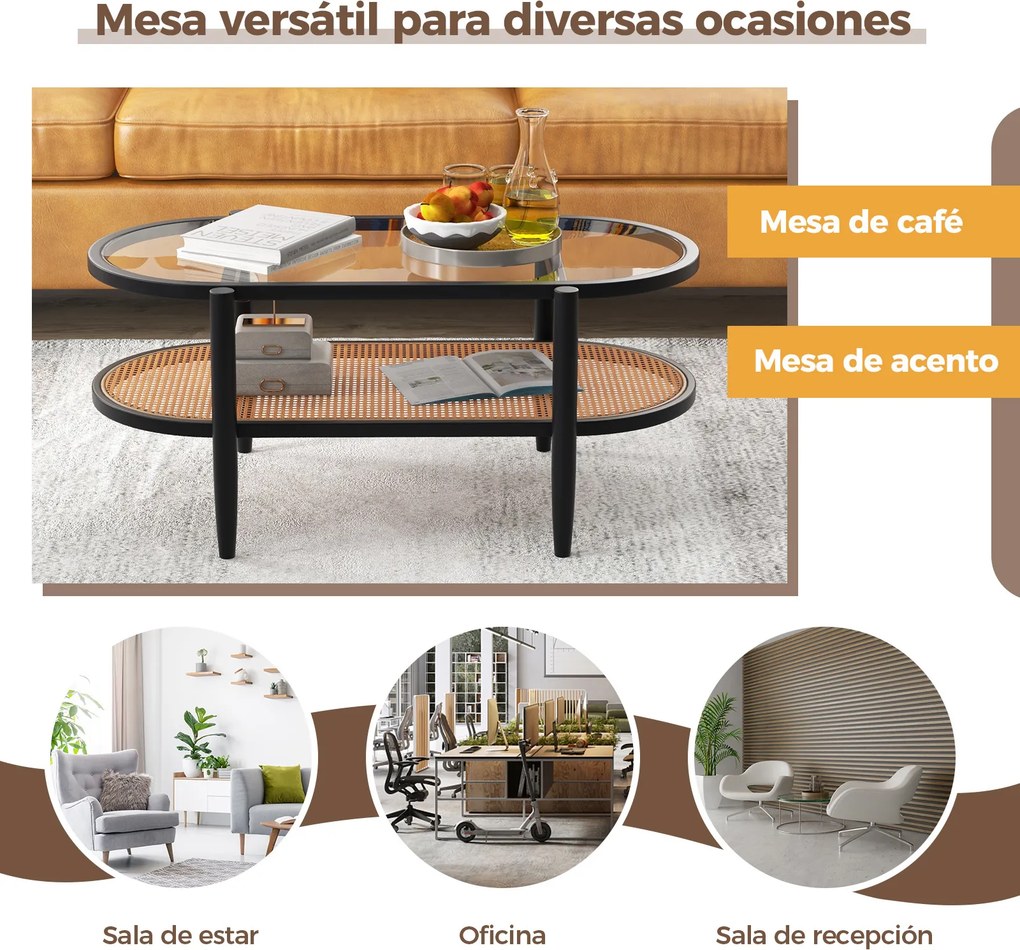 Mesa de centro oval de dois níveis com tampo em vidro temperado 102 x 46 x 46 cm, estante em vime e estrutura em madeira curvada para sala de estar ou