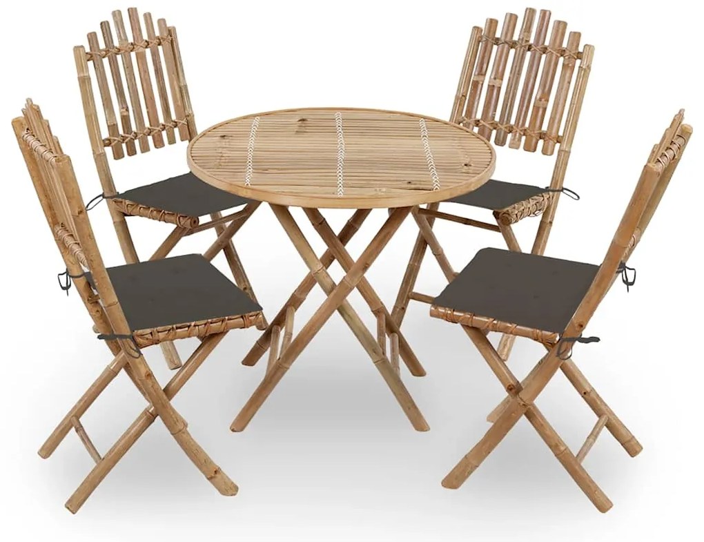 vidaXL 5 pcs conj. de jantar dobrável c/ almofadões p/ exterior bambu