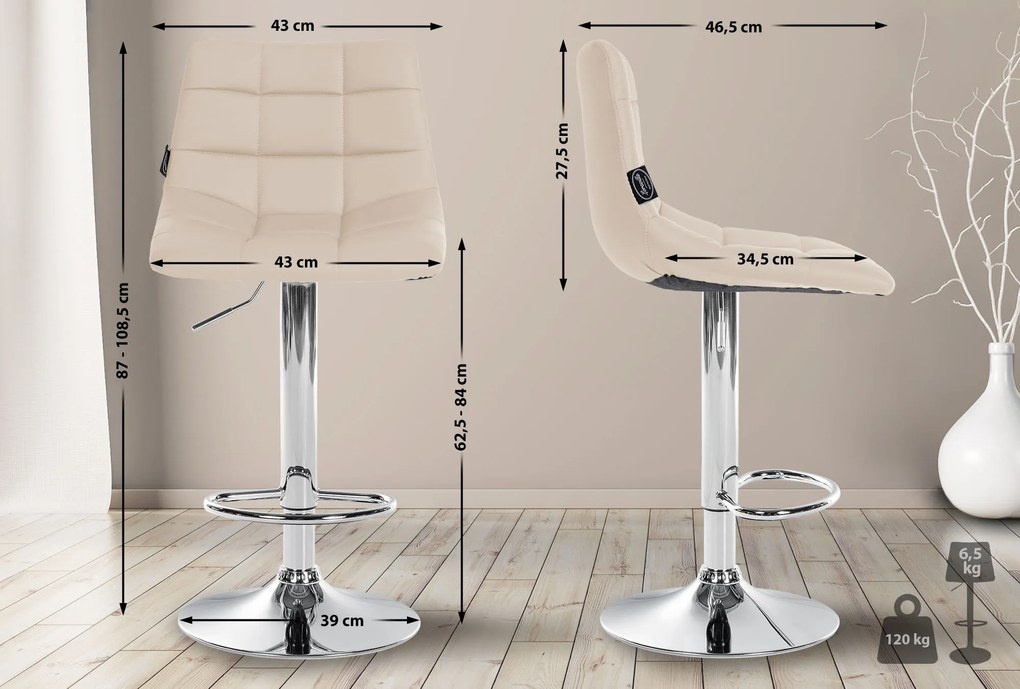 Banco de bar Jerry em couro sintético com estrutura cromada 87-108,5 x 43 x 46,5 cm Creme