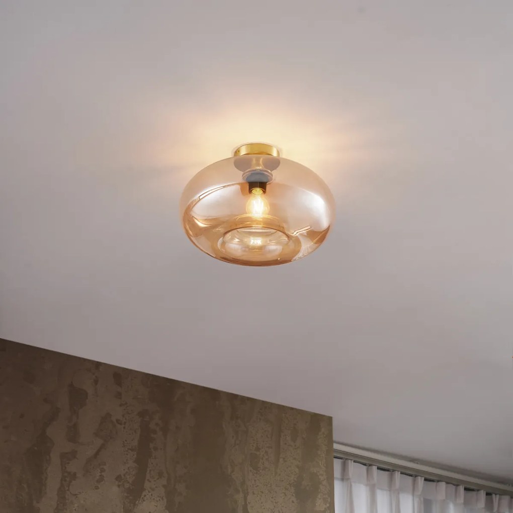 Candeeiro de Teto Art Déco Latão com Vidro Âmbar 40cm - Busa