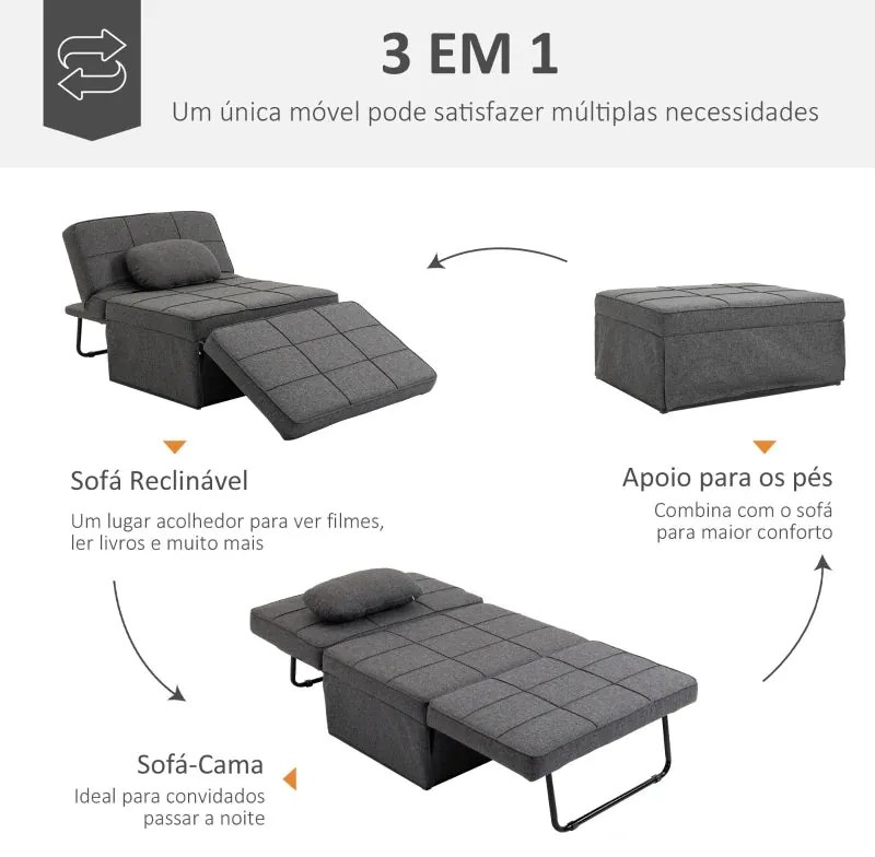 Sofá-Cama "Açores" 3 em 1 - Cinza - 95x179x78 cm - Linho e Metal - Des