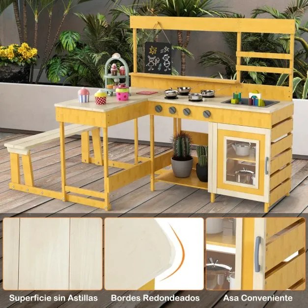 Cozinha de brincar com mesa de piquenique para crianças de madeira de abeto com banco Quadro negro Acessórios Utensílios Amarelo