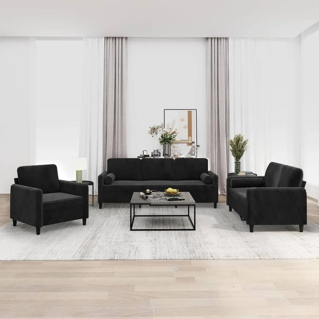 vidaXL 3 pcs conjunto sofás c/ almofadas/almofadões veludo preto