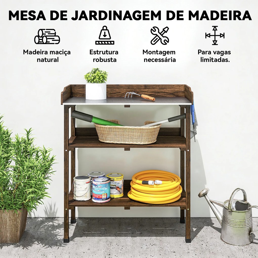 Mesa de Jardinagem de Madeira com Superfície Metálica Prateleiras e Ganchos para Jardim e Terraço 76x37x89 cm Carbonizado