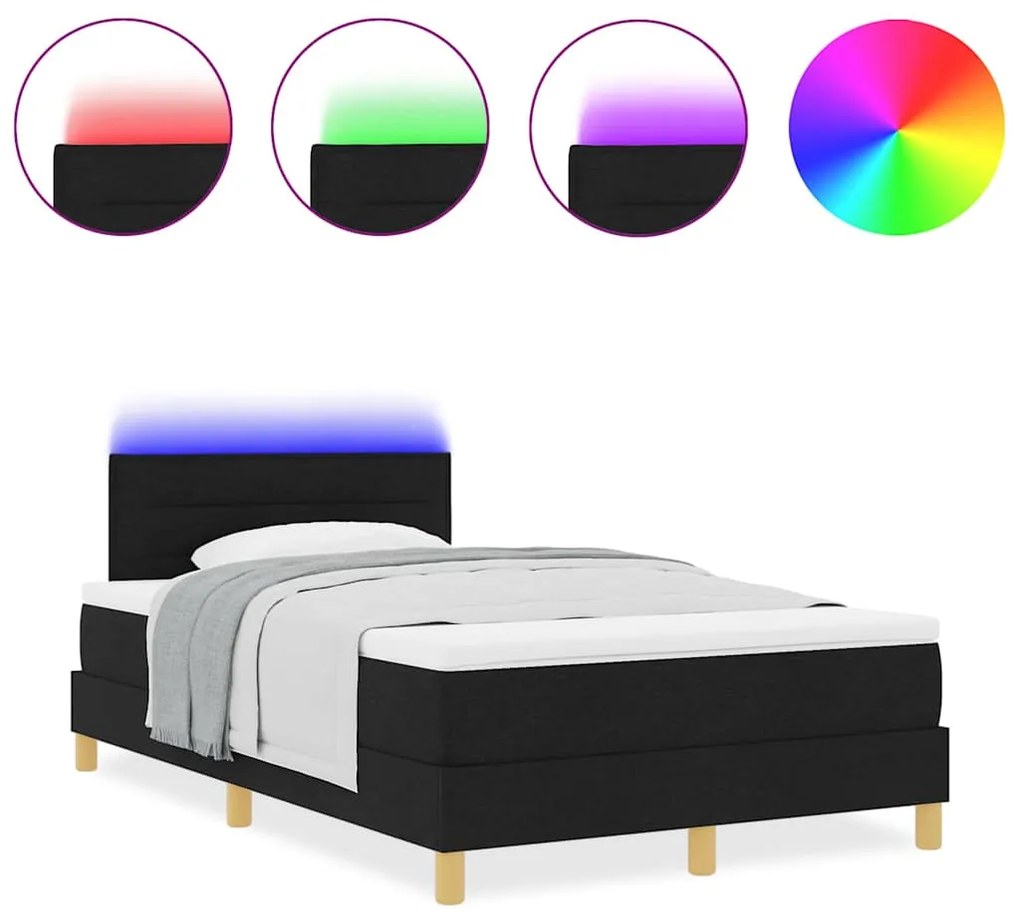 Cama Box Spring com Colchão &amp; LED Preta 120x190 cm Tecido