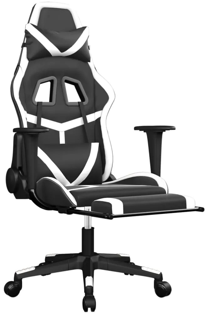 Cadeira gaming massagens c/ apoio pés couro artif. preto/branco