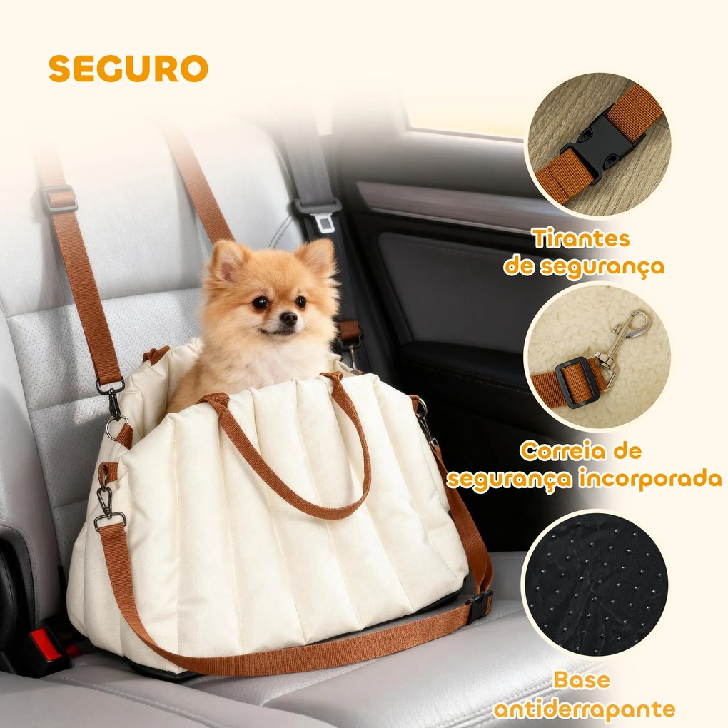 Assento de Carro para Cães Pequenos de até 5 kg com Cinto de Segurança e Capa Removível e Lavável 50x30x31 cm Creme