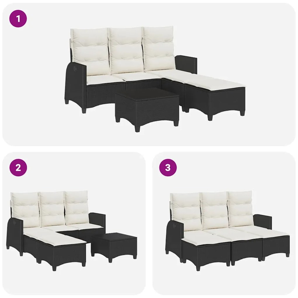 3pcs conjunto sofás de jardim com almofadões em L vime PE preto