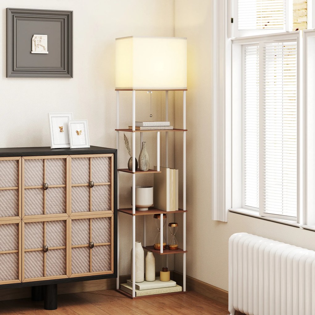 Candeeiro de Pé com Prateleiras Brilho e Temperaturas de Cor Ajustáveis 3000K-6500K e Temporizador 40x29x171 cm Branco e Madeira