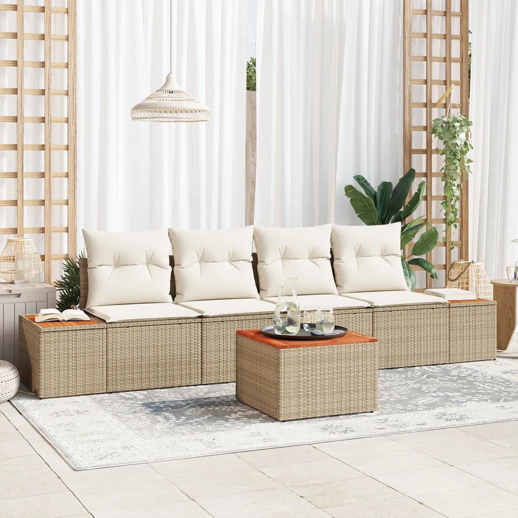 Conjunto de Sofá de Jardim vidaXL de 5 Peças com Almofadas Bege Rattan Sintético Acácia