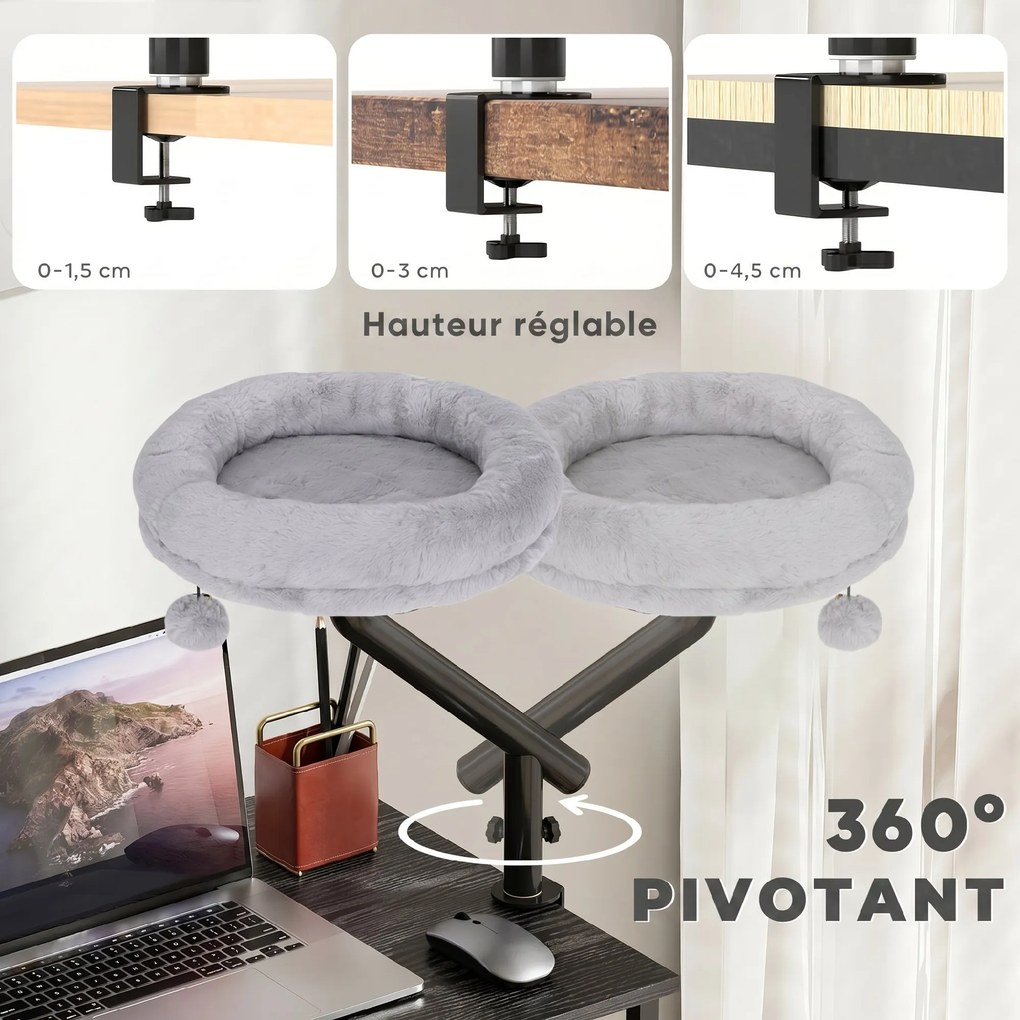 Cama de secretária para gatos com rotação de 360° e altura ajustável, cama para gatos lavável com bola de brincar, 35 x 35 x 48 cm, cinzento