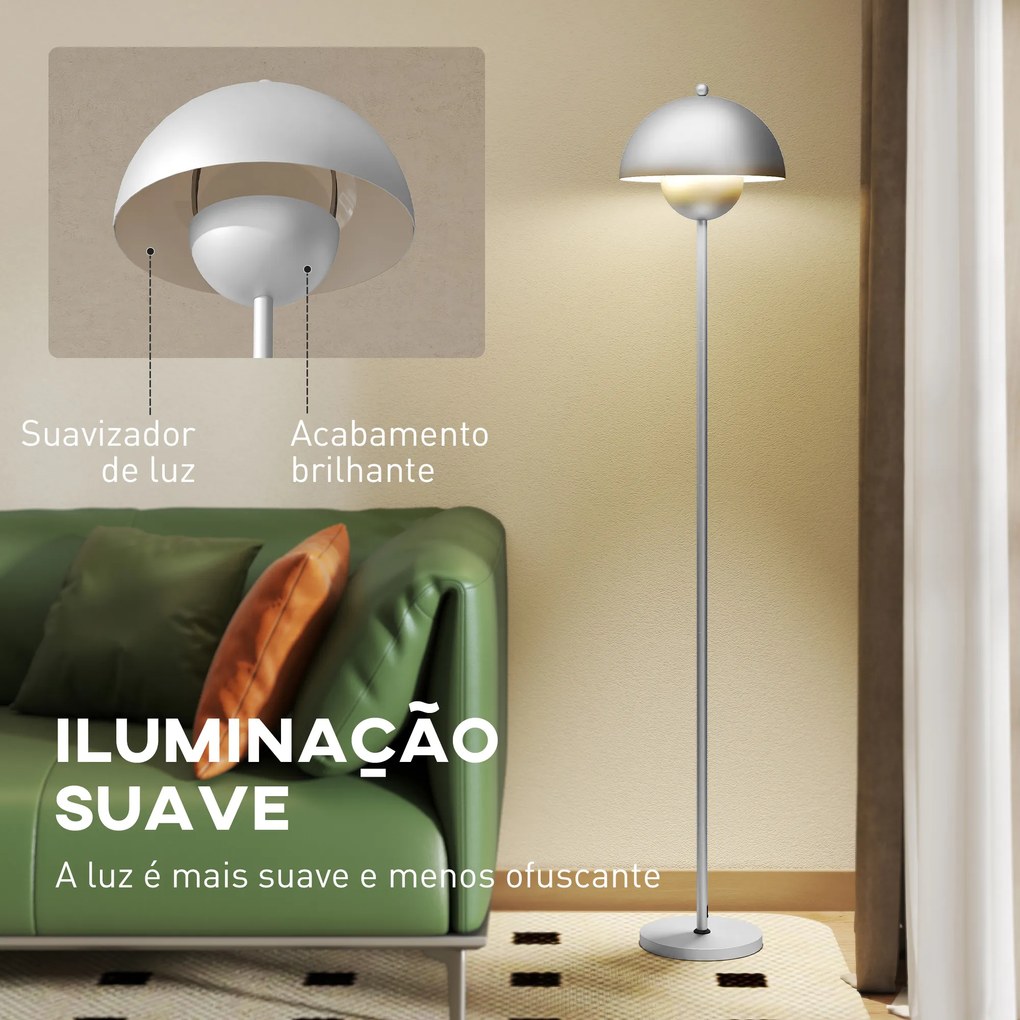 Candeeiro de Pé Moderno com Ecrã em Forma de Taça Refletora de Luz Interruptor de Pé Suporte E27 sem Lâmpada Ø35x155 cm Prata
