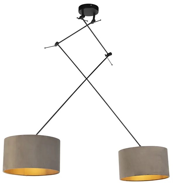 Candeeiro de suspensão preto com abajures de veludo castanho com dourado 35 cm 2-luzes - Blitz Country / Rústico,Rústico
