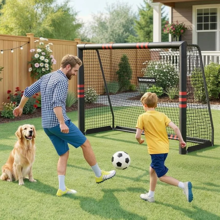 Baliza de futebol em tubo de aço com rede em PE para exterior, 85 × 240 × 160 cm, preta