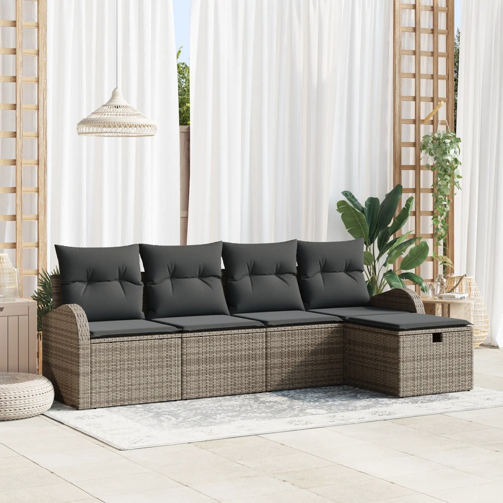 Conjunto de Sofás de Jardim de 5 Peças com Almofadas Cinzento Rattan S