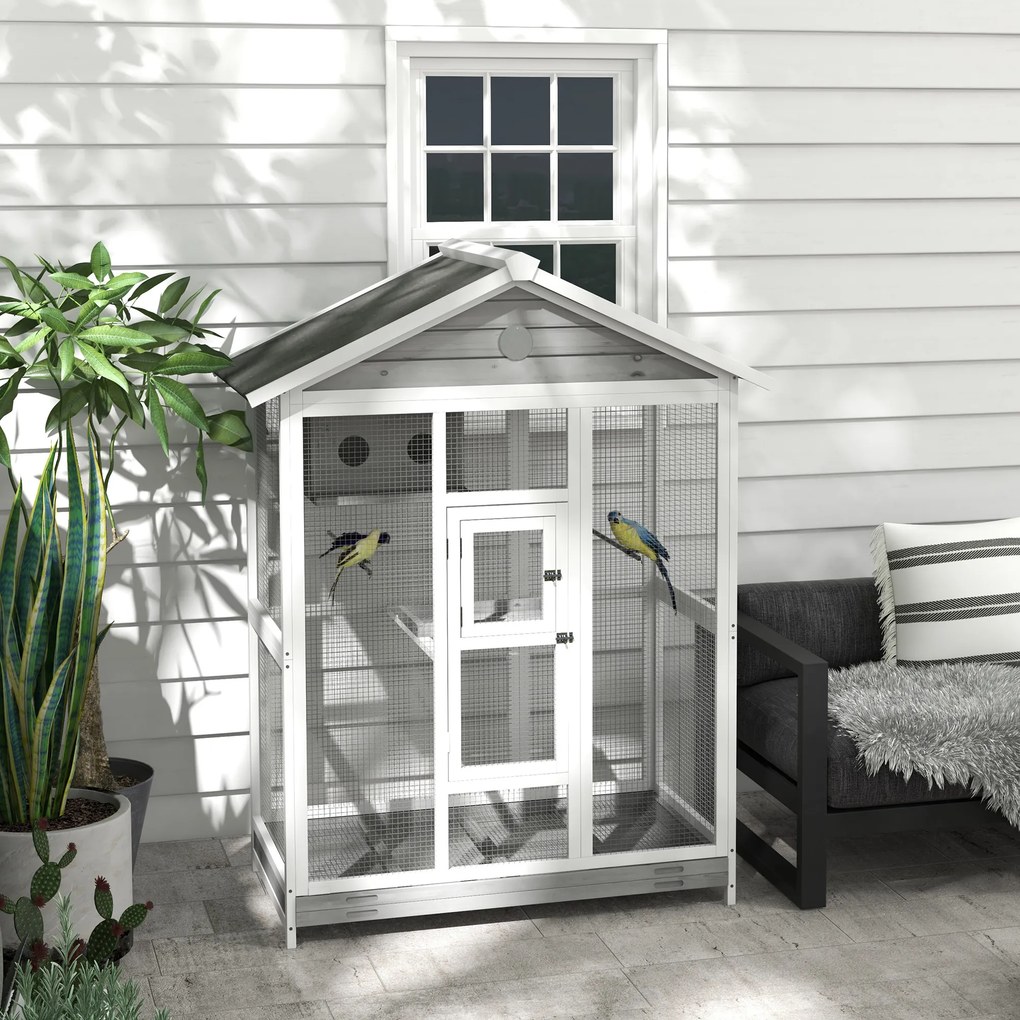 Gaiola grande para pássaros 112 x 68 x 154 cm, para interior e exterior, com 4 poleiros e tabuleiro de areia deslizante, cinzenta