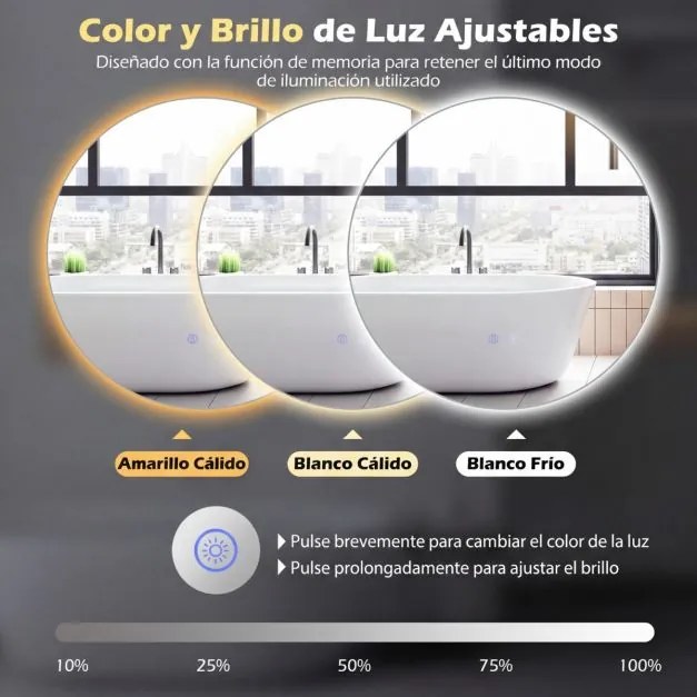 Espelho redondo LED de 60 cm com luz; espelho de casa de banho para montagem na parede com intensidade de luz ajustável e controlo tátil