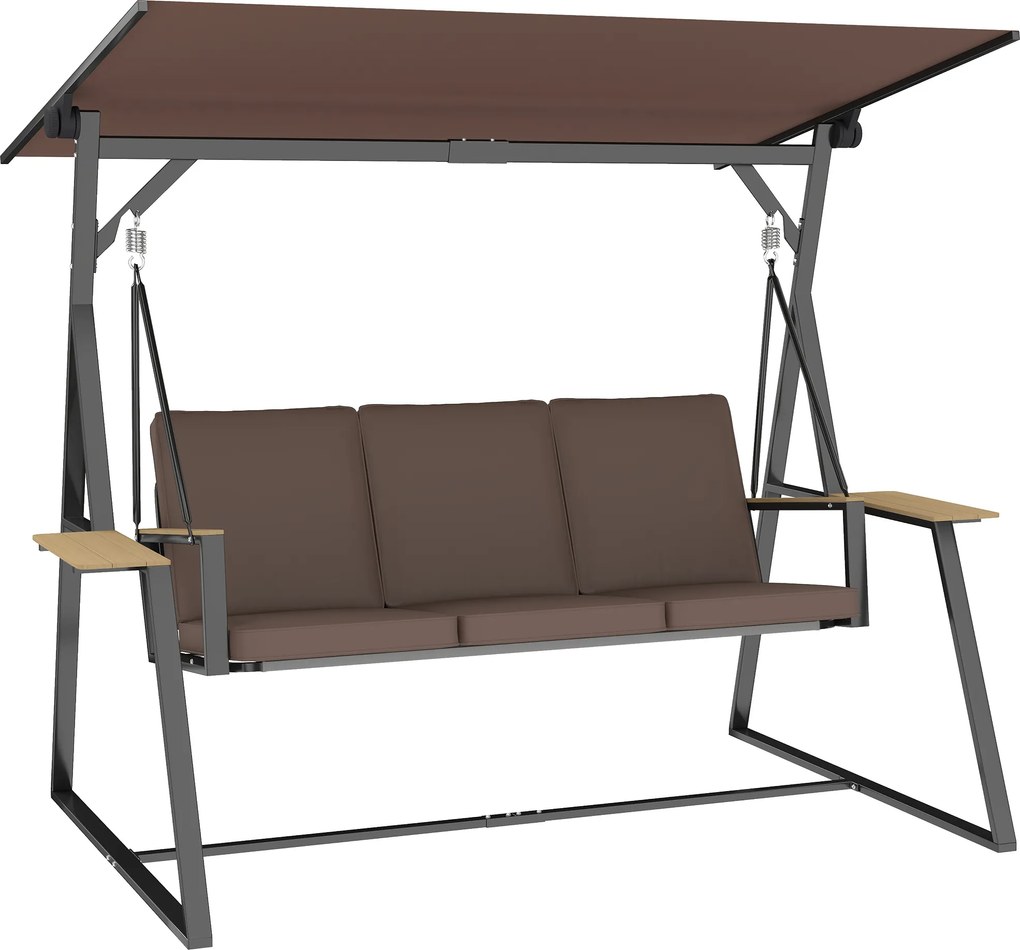 Baloiço de Jardim de 3 Lugares com Teto Ajustável UPF50+ 2 Bandejas Almofadas e Estrutura em Metal 222x131x175 cm Castanho