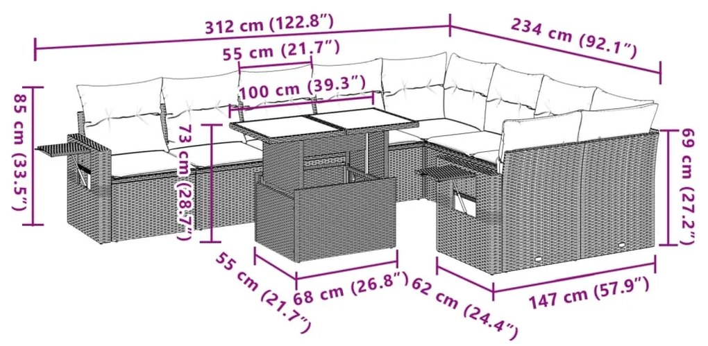 10 pcs conjunto de sofás p/ jardim com almofadões vime PE bege