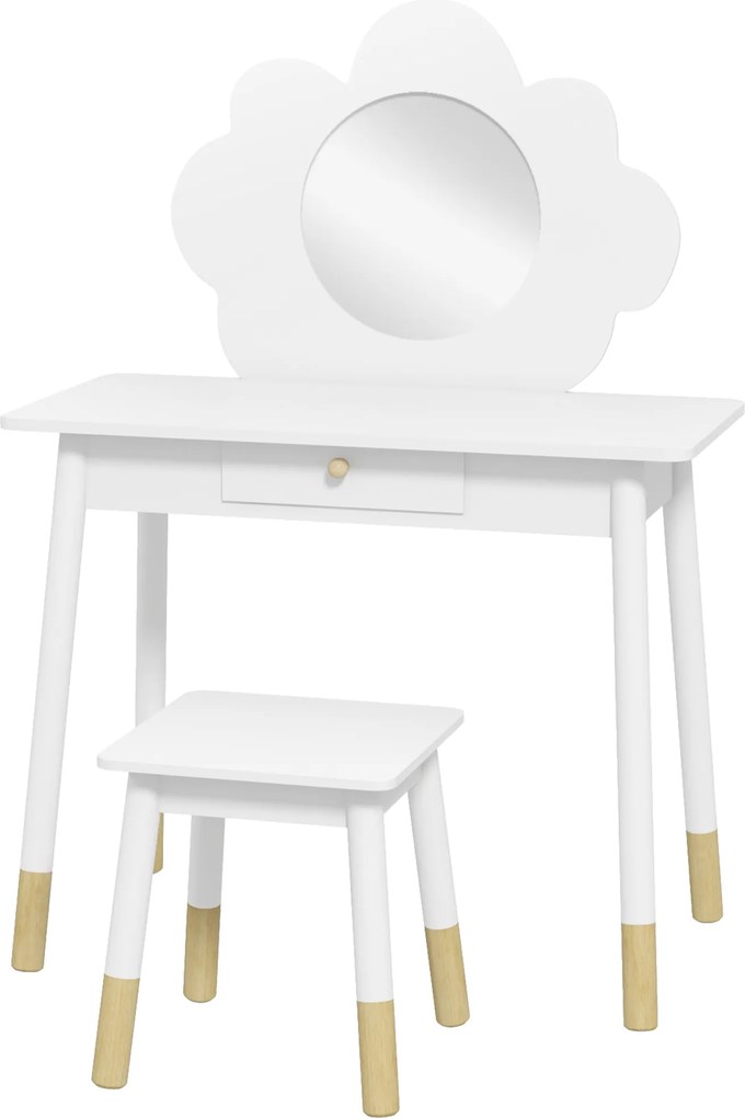 Conjunto de Toucador e Banco para Criança, 70 x 34 x 95 cm, Espelho em Forma de Nuvem, Branco